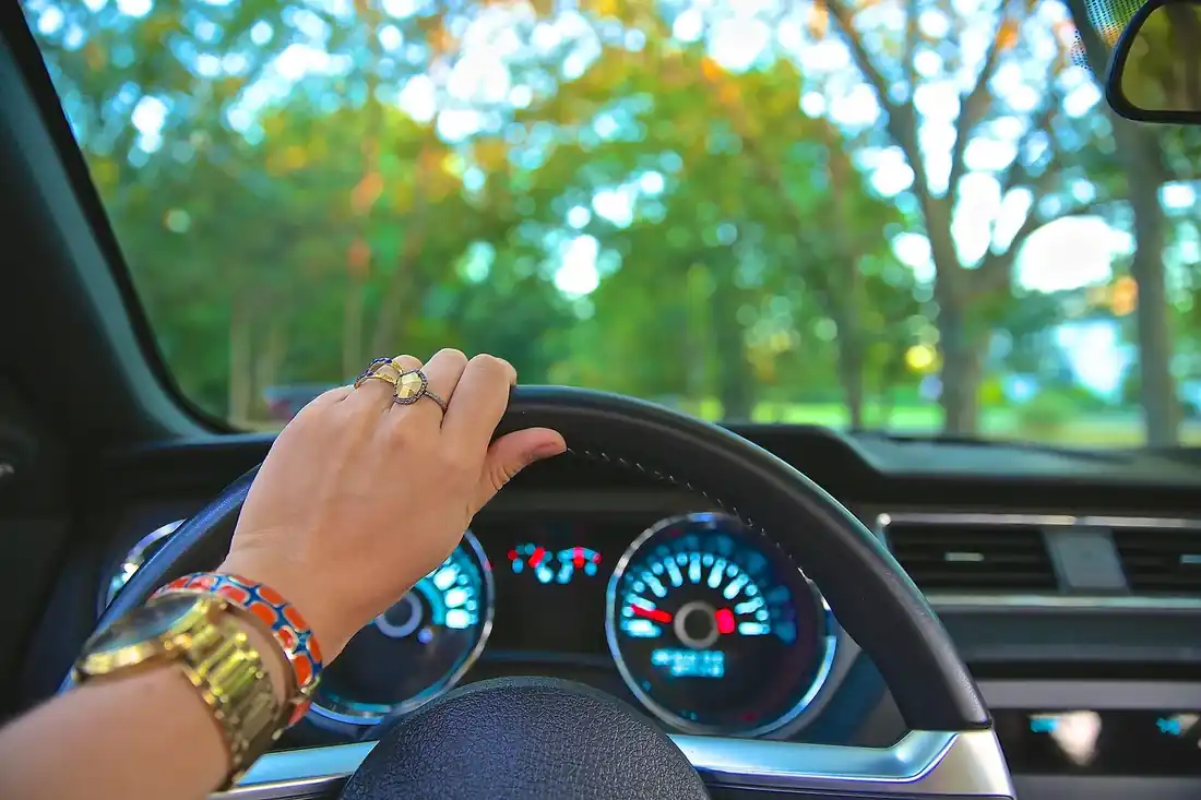 A driver's hand resting lightly on the rim of a steering wheel, trees beyond the windshield